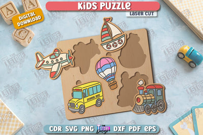 Kids Wooden Puzzle Laser Cut | Montessori Toy | Wooden Transport Puzzle | Educational Game | CNC File SVG The T Store Design 