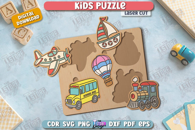 Kids Wooden Puzzle Laser Cut | Montessori Toy | Wooden Transport Puzzle | Educational Game | CNC File SVG The T Store Design 