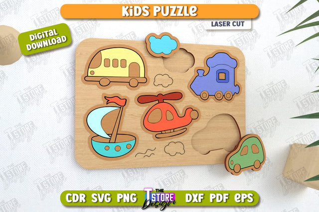 Kids Wooden Puzzle Laser Cut | Montessori Toy | Wooden Transport Puzzle | Educational Game | CNC File SVG The T Store Design 