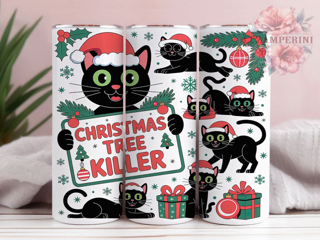 Killer Black Cat Christmas Tumbler, Mischievous Black Cat Wrap, Funny Holiday Sublimation Design, Naughty Kitty Cup, 20Oz Skinny Tumbler Wrap, Christmas Tree Cat Mug, Playful Holiday Pet Design Sublimation Li Zamperini 