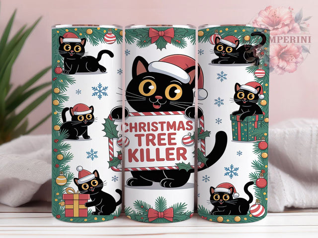 Killer Black Cat Christmas Tumbler, Mischievous Black Cat Wrap, Funny Holiday Sublimation Design, Naughty Kitty Cup, 20Oz Skinny Tumbler Wrap, Christmas Tree Cat Mug, Playful Holiday Pet Design Sublimation Li Zamperini 