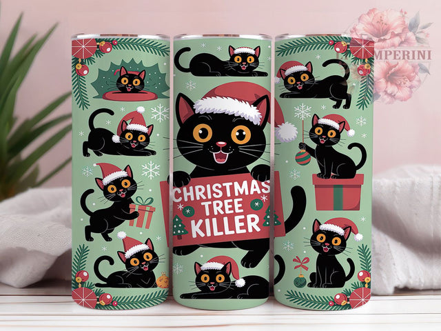 Killer Black Cat Christmas Tumbler, Mischievous Black Cat Wrap, Funny Holiday Sublimation Design, Naughty Kitty Cup, 20Oz Skinny Tumbler Wrap, Christmas Tree Cat Mug, Playful Holiday Pet Design Sublimation Li Zamperini 