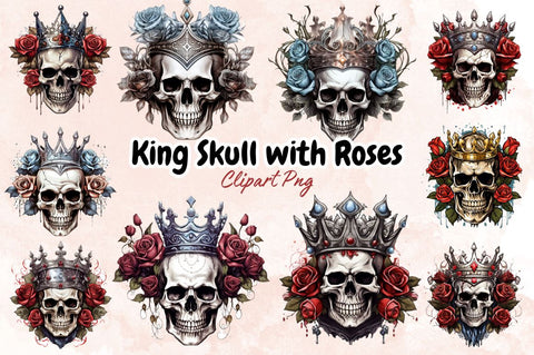 King Skull with Roses Clipart Bundle Sublimation Designangry 