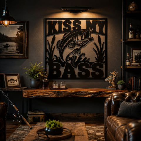 Kiss My Bass Laser SVG | Funny Fishing Sign Svg | Bass Fishing Metal Wall Art DXF | Plasma CNC Laser Cut File SVG HappyDesignStudio 