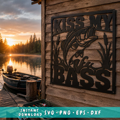 Kiss My Bass Laser SVG | Funny Fishing Sign Svg | Bass Fishing Metal Wall Art DXF | Plasma CNC Laser Cut File SVG HappyDesignStudio 
