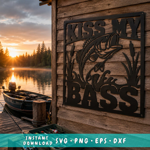 Kiss My Bass Laser SVG | Funny Fishing Sign Svg | Bass Fishing Metal Wall Art DXF | Plasma CNC Laser Cut File SVG HappyDesignStudio 