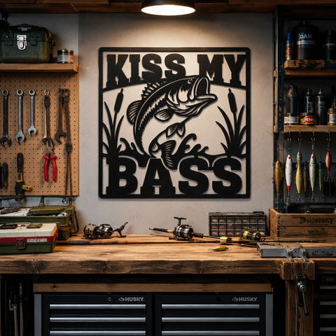 Kiss My Bass Laser SVG | Funny Fishing Sign Svg | Bass Fishing Metal Wall Art DXF | Plasma CNC Laser Cut File SVG HappyDesignStudio 