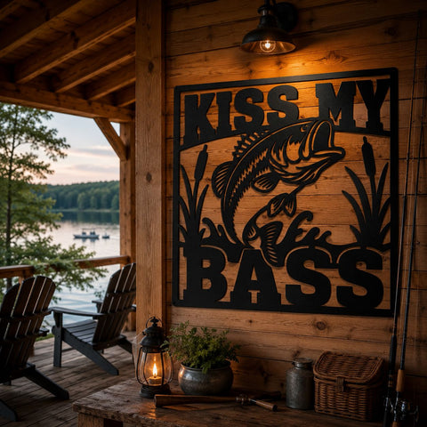 Kiss My Bass Laser SVG | Funny Fishing Sign Svg | Bass Fishing Metal Wall Art DXF | Plasma CNC Laser Cut File SVG HappyDesignStudio 