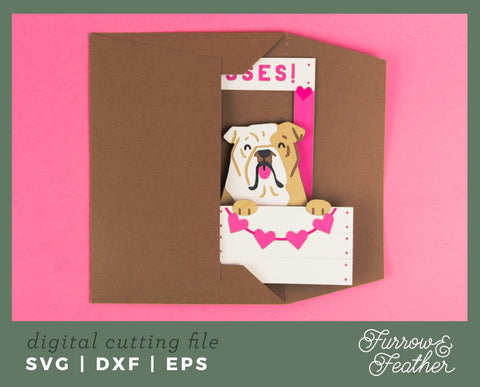 Kissing Booth Card - English Bulldog - Valentine's Day Card SVG 3D Paper Furrow and Feather SVG 