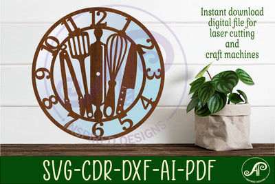 Kitchen tools wall clock laser cut files, SVG SVG APInspireddesigns 