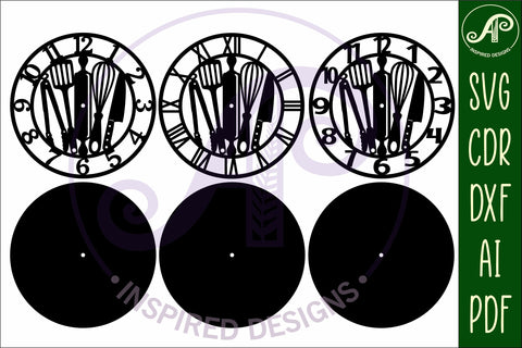Kitchen tools wall clock laser cut files, SVG SVG APInspireddesigns 
