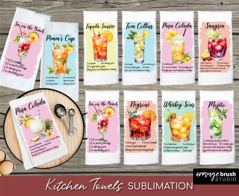 Kitchen Towel PNG Bundle, Cocktail Recipe Sublimation Designs Sublimation OrangeBrushStudio 