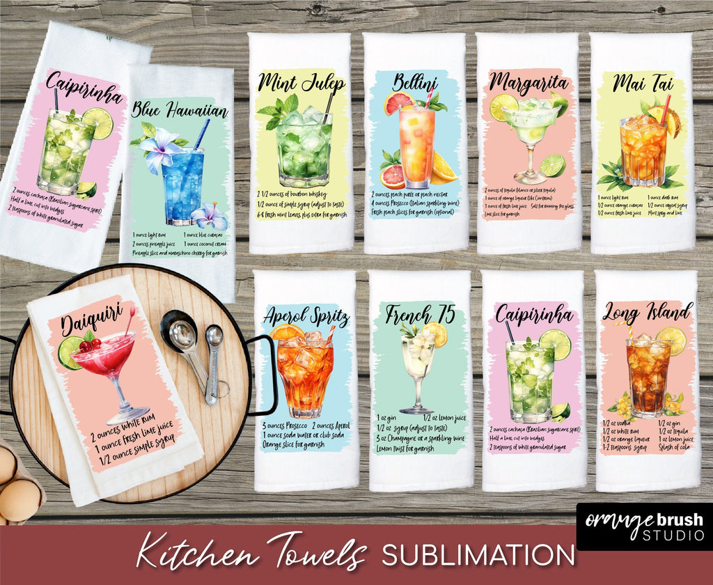 Kitchen Towel Sublimation Bundle, Cocktail Recipe 10 Designs - So Fontsy