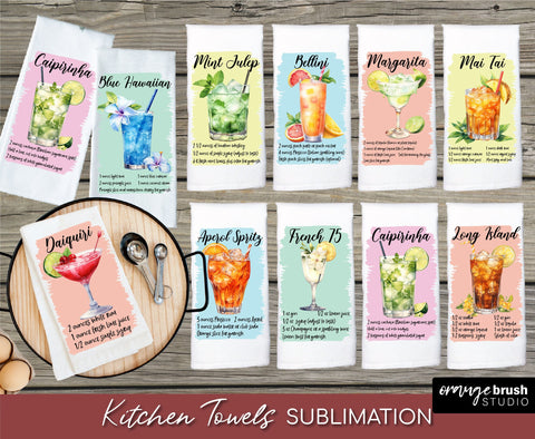 Kitchen Towel Sublimation Bundle, Cocktail Recipe 10 Designs Sublimation OrangeBrushStudio 