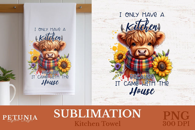 Kitchen Towel Sublimation Designs | Highland Cow PNG Sublimation Petunia Digital Design 