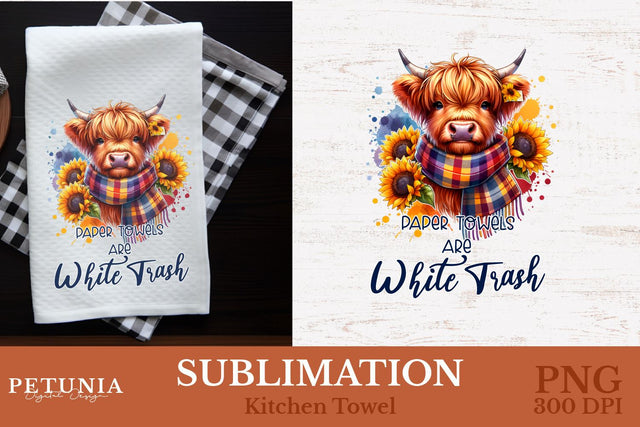 Kitchen Towel Sublimation Designs | Highland Cow PNG Sublimation Petunia Digital Design 