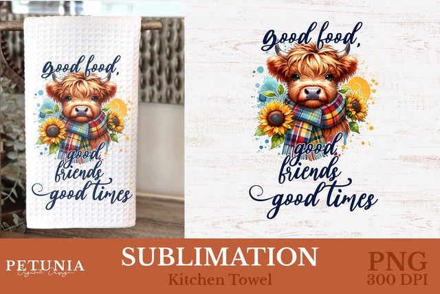 Kitchen Towel Sublimation Designs | Highland Cow PNG Sublimation Petunia Digital Design 