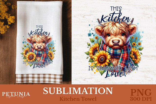 Kitchen Towel Sublimation Designs | Highland Cow PNG Sublimation Petunia Digital Design 