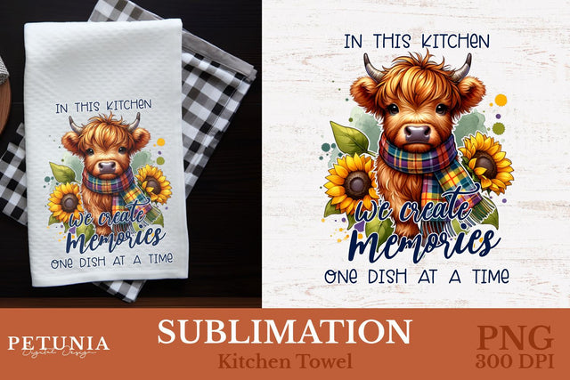 Kitchen Towel Sublimation Designs | Highland Cow PNG Sublimation Petunia Digital Design 