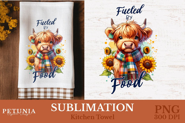 Kitchen Towel Sublimation Designs | Highland Cow PNG Sublimation Petunia Digital Design 
