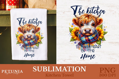 Kitchen Towel Sublimation Designs | Highland Cow PNG Sublimation Petunia Digital Design 