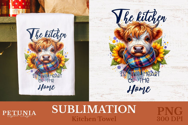 Kitchen Towel Sublimation Designs | Highland Cow PNG Sublimation Petunia Digital Design 