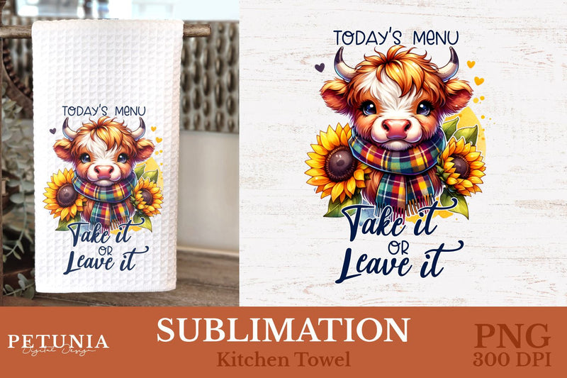 Kitchen Towel Sublimation Designs | Highland Cow PNG Sublimation Petunia Digital Design 