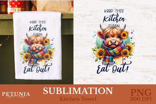 Kitchen Towel Sublimation Designs | Highland Cow PNG Sublimation Petunia Digital Design 