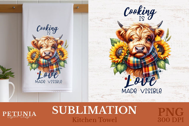 Kitchen Towel Sublimation Designs | Highland Cow PNG Sublimation Petunia Digital Design 