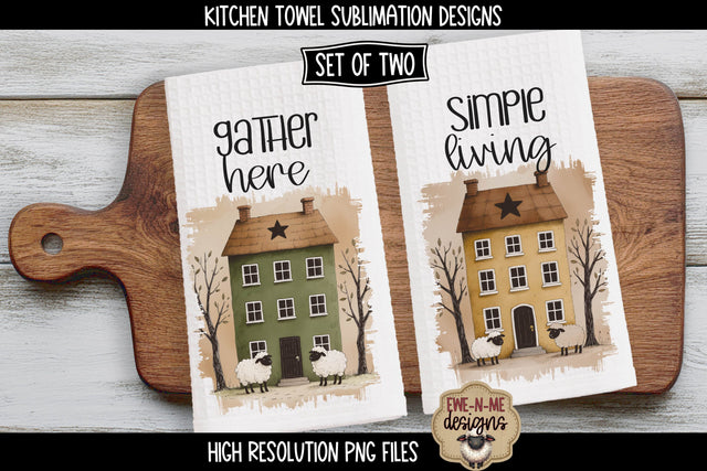 Kitchen Towel Sublimation PNG Files - Primitive Saltbox Houses Sublimation Ewe-N-Me Designs 