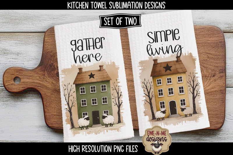 Kitchen Towel Sublimation PNG Files - Primitive Saltbox Houses Sublimation Ewe-N-Me Designs 