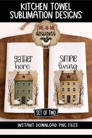 Kitchen Towel Sublimation PNG Files - Primitive Saltbox Houses Sublimation Ewe-N-Me Designs 
