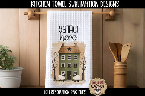 Kitchen Towel Sublimation PNG Files - Primitive Saltbox Houses Sublimation Ewe-N-Me Designs 