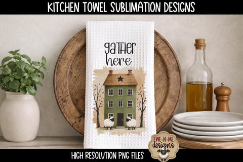 Kitchen Towel Sublimation PNG Files - Primitive Saltbox Houses Sublimation Ewe-N-Me Designs 