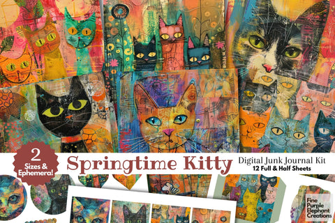 Kitten Cat Spring Digital Junk Journal Kit Half Pages | Easter Digital Pattern Fine Purple Elephant Creations 