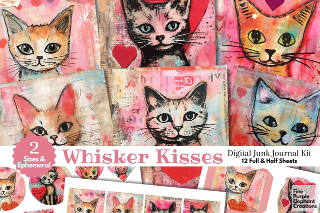 Kitten Cat Valentine Digital Junk Journal Kit Half Pages Digital Pattern Fine Purple Elephant Creations 