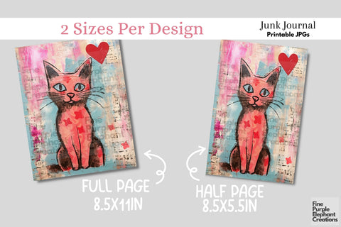Kitten Cat Valentine Digital Junk Journal Kit Half Pages Digital Pattern Fine Purple Elephant Creations 