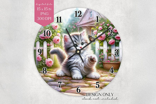 Kitten Clock Face PNG Cute Cat and Garden Wall Clock Design Sublimation BijouBay 