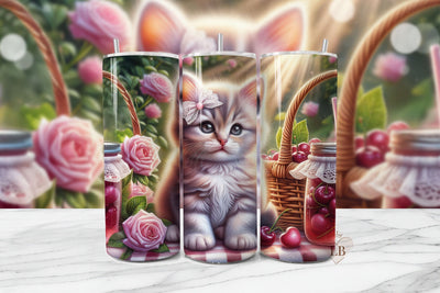 Kitten Picnic Tumbler PNG | Floral Cherry Wrap Design Sublimation BijouBay 