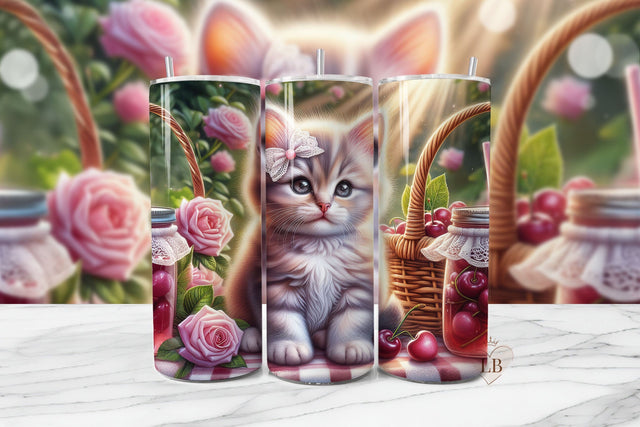 Kitten Picnic Tumbler PNG | Floral Cherry Wrap Design Sublimation BijouBay 