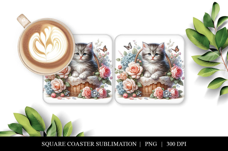 Kitten Square Coaster | Spring Floral Sublimation PNG Sublimation BijouBay 
