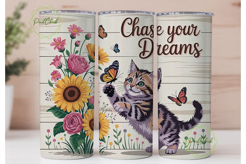 Kitten & Sunflowers 20oz Tumbler Wrap Sublimation PixelChick 
