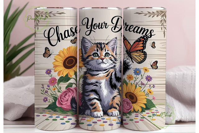 Kitten & Sunflowers 20oz Tumbler Wrap Sublimation PixelChick 