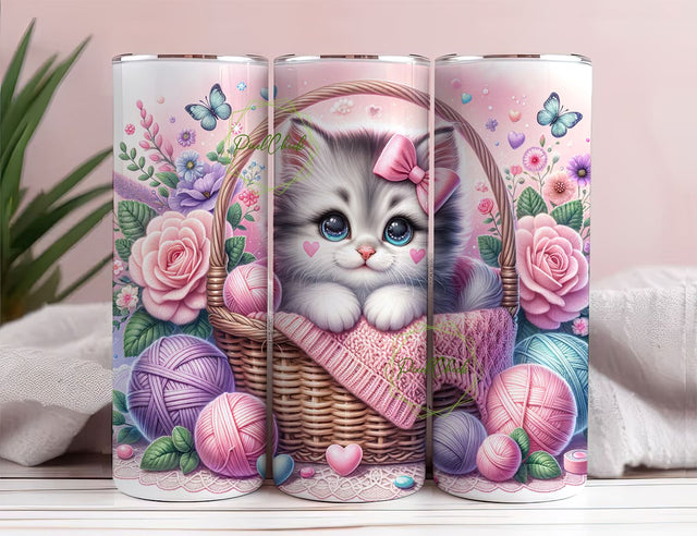 Kitten Tumbler Wrap 20 oz Skinny Tumbler Sublimation Design Floral Cat Tumbler Png Spring Flower Tumbler Design Seamless Download Sublimation PixelChick 