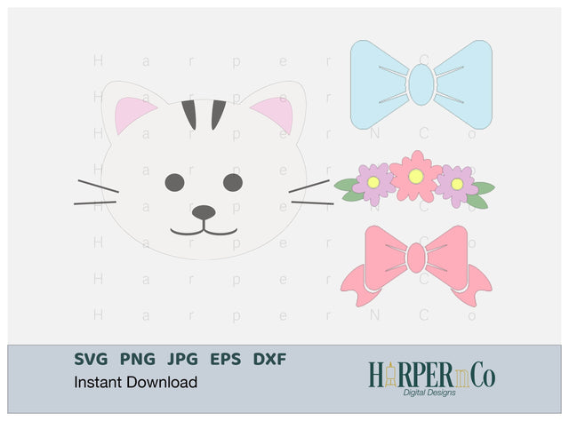 Kitten with Bows and Flowers SVG PNG Cut EPS File SVG HarperNCo 