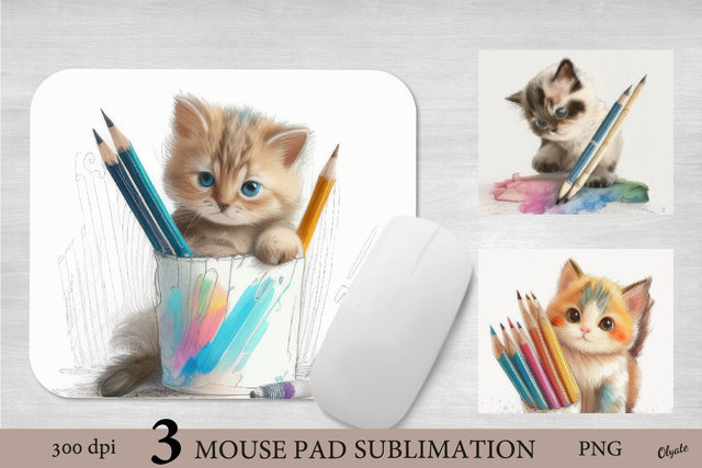 Kitten with Pencil Mouse Pad Sublimation Design PNG Sublimation Olga Terlyanskaya 