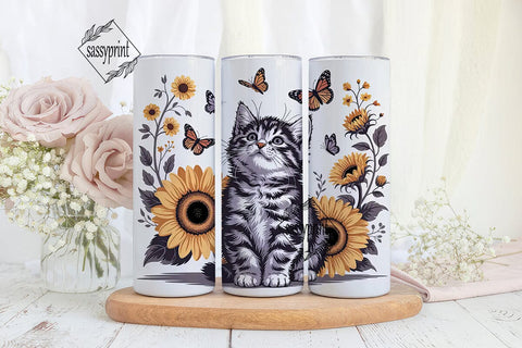 Kitten with Sunflowers Tumbler Wrap Sublimation sassyprint 