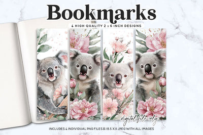 Koala Bookmark PNG Bundle - 4 Watercolor Floral Designs Sublimation BijouBay 