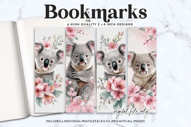 Koala Bookmark PNG Bundle - 4 Watercolor Floral Designs Sublimation BijouBay 