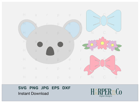 Koala with Bows and Flowers SVG PNG Cut EPS File SVG HarperNCo 